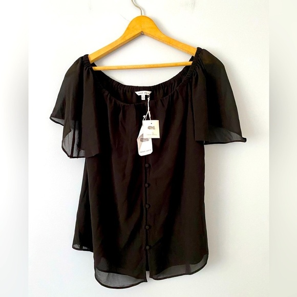 NWT Naked Zebra Sz Small Black Button Up Flutter Sleeve Blouse Off the Shoulder - Picture 1 of 8